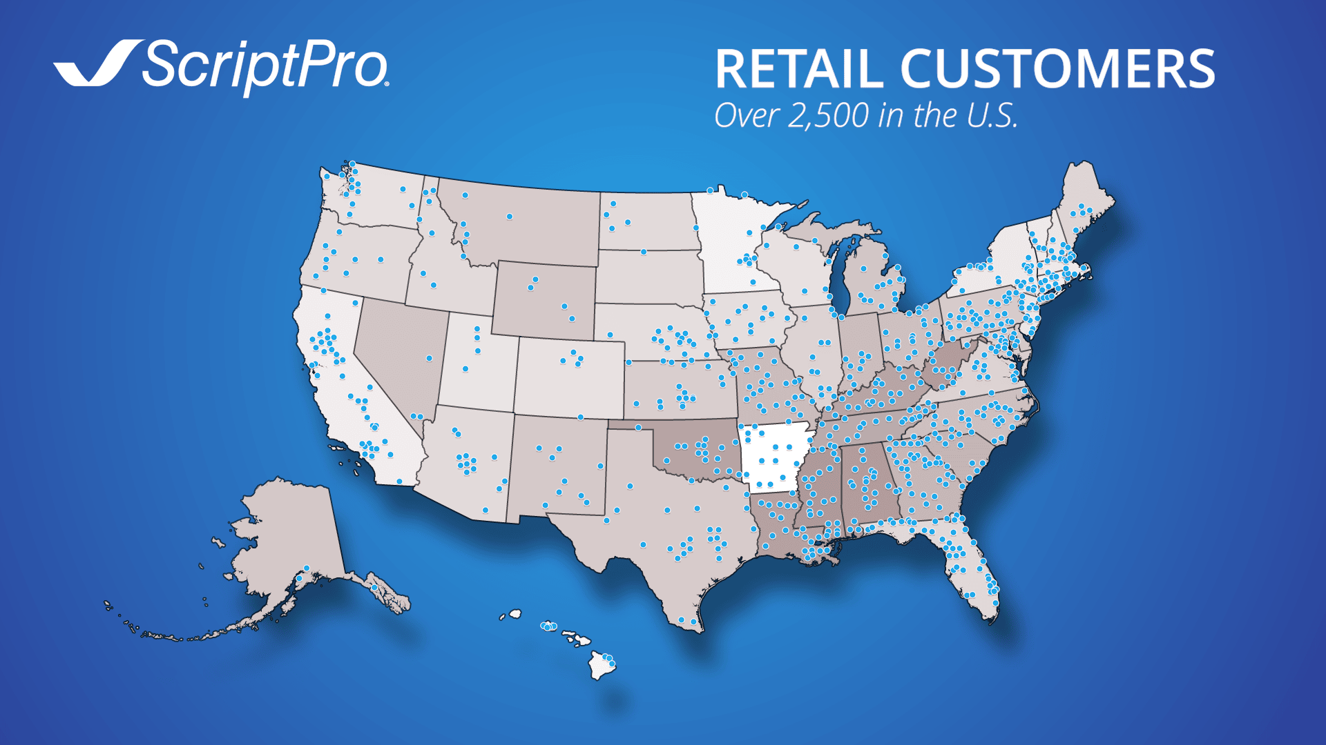 Map of the United States showing distribution of over 2,500 ScriptPro retail customers marked by blue dots.